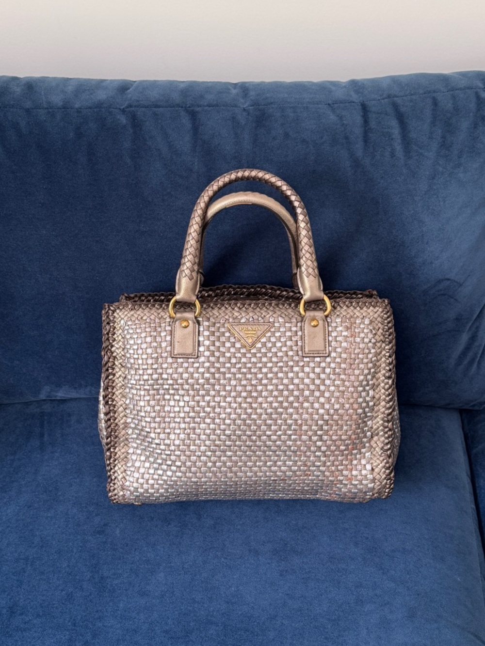 Prada Bronze/Silver Woven Leather Madras
Tote Bag